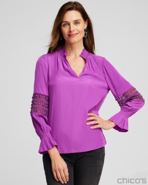 Chico's Mesh Inset Shirt Blouses & Shirts Vivid Viola | 193-VXFOSK