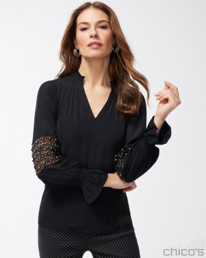 Chico's Mesh Inset Shirt Tops Black | 624-PDJFUW