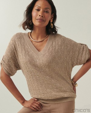 Chico's Mini Sequin Stitch Pullover Sweater Sweaters Neutral | 561-JICKZY