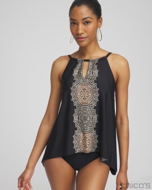 Chico's Miraclesuit Cappadocia Peephole Tankini Top Swim Black And Neutral | 763-BRKLSZ