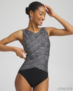 Chico's Miraclesuit Selenite Brio Swimsuit Swim Black/White | 258-MIWYQD