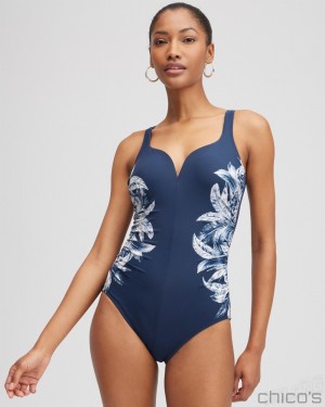 Chico's Miraclesuit Tropica Toile Temptress One Piece Swim Navy | 328-HKGDQC