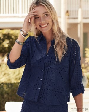 Chico's Mixed Eyelet Cotton Shirt Blouses & Shirts Classic Navy | 012-CMYWXN