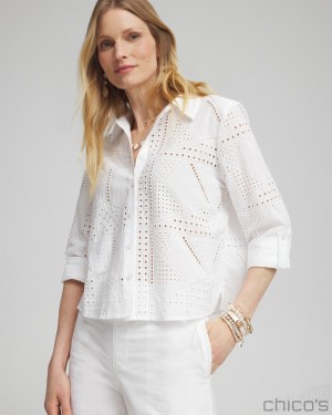 Chico's Mixed Eyelet Cotton Shirt Blouses & Shirts Alabaster | 162-XRKDOQ