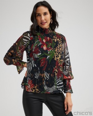 Chico's Mock Neck Mixed Print Metallic Crinkle Top Tops Black | 640-UDSQKF