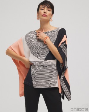 Chico's Modern Art Print Poncho Tops Black | 854-NXFRJB