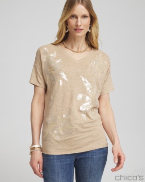 Chico's Neutral Sequin Embellished Tee Tees & Tanks Sycamore | 504-OURJVM