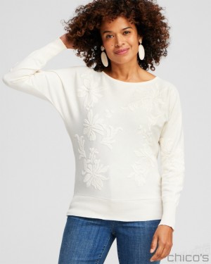 Chico's Neutral Textured Floral Pullover Sweater Sweaters English Cream | 723-VALCNJ