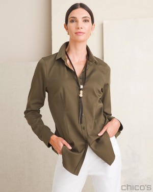 Chico's No-Iron Fitted Stretch Shirt Tops Ambered Olive | 875-ADTPZB