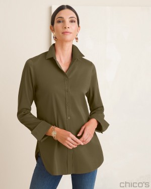 Chico's No-Iron Stretch Shirt Tops Ambered Olive | 189-ADBVIP