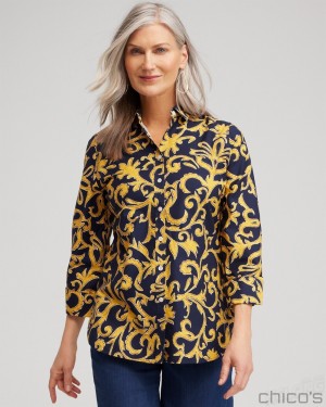 Chico's No Iron 3/4 Sleeve Filigree Print Shirt Blouses & Shirts Classic Navy | 647-OMRJTG