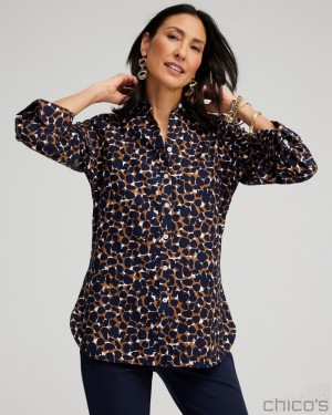 Chico's No Iron 3/4 Sleeve Mosaic Print Shirt Blouses & Shirts Classic Navy | 578-TOAFPS