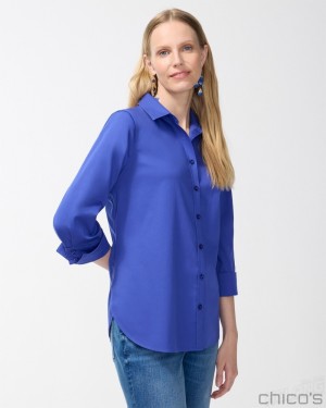 Chico's No Iron 3/4 Sleeve Stretch Shirt Blouses & Shirts Blue Grotto | 206-UVRLHW