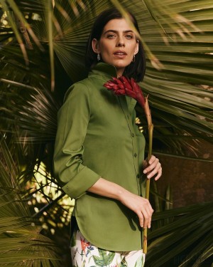 Chico's No Iron 3/4 Sleeve Stretch Shirt Blouses & Shirts Banana Leaf | 308-RAHIFZ