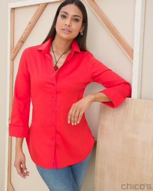 Chico's No Iron 3/4 Sleeve Stretch Shirt Blouses & Shirts Red Zinnia | 315-MJTYLQ