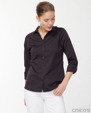 Chico's No Iron 3/4 Sleeve Stretch Shirt Blouses & Shirts Black | 349-EAPCYD