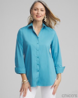 Chico's No Iron 3/4 Sleeve Stretch Shirt Blouses & Shirts Cool Water | 356-ZOFREM