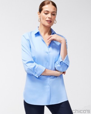 Chico's No Iron 3/4 Sleeve Stretch Shirt Blouses & Shirts Blue Veil | 407-CQAMLN