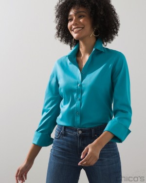 Chico's No Iron 3/4 Sleeve Stretch Shirt Blouses & Shirts Pagoda Blue | 908-DLQZCO