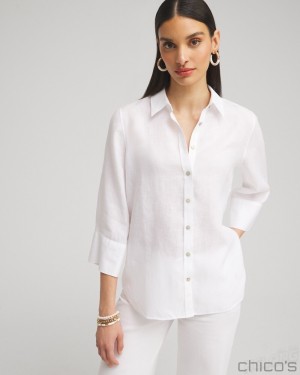 Chico's No Iron Linen 3/4 Sleeve Shirt Blouses & Shirts Optic White | 729-XBYITM