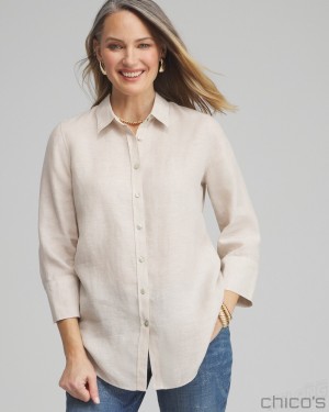 Chico's No Iron Linen 3/4 Sleeve Shirt Blouses & Shirts Oatmeal | 620-MXLHZB