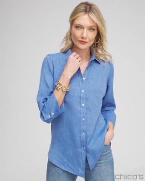 Chico's No Iron Linen 3/4 Sleeve Shirt Blouses & Shirts Indigo | 802-QPNCDE