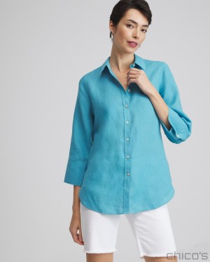 Chico's No Iron Linen 3/4 Sleeve Shirt Blouses & Shirts Cool Water | 231-RVKNEB