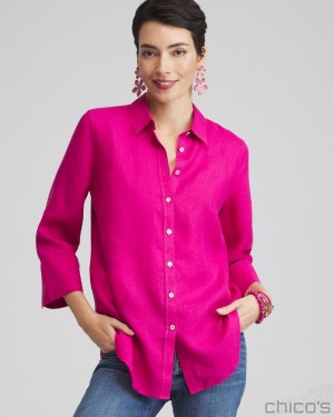 Chico's No Iron Linen 3/4 Sleeve Shirt Blouses & Shirts Primrose Pink | 308-AEOGNR