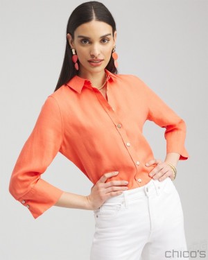 Chico's No Iron Linen 3/4 Sleeve Shirt Blouses & Shirts Nectarine | 375-HTBPEM