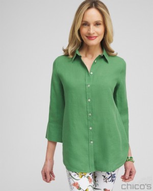 Chico's No Iron Linen 3/4 Sleeve Shirt Blouses & Shirts Verdant Green | 785-HENCTQ