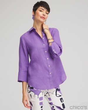 Chico's No Iron Linen 3/4 Sleeve Shirt Blouses & Shirts Parisian Purple | 825-UEVNYI