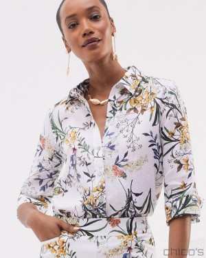 Chico's No Iron Linen Floral 3/4 Sleeve Shirt Tops Optic White | 759-TPVAMS