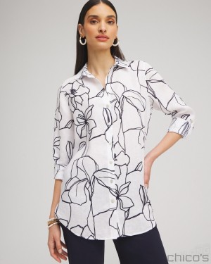 Chico's No Iron Linen Floral Tunic Blouses & Shirts Optic White | 651-KZCPWI