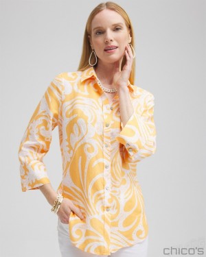 Chico's No Iron Linen Scroll 3/4 Sleeve Shirt Blouses & Shirts Mango Sorbet | 871-MEAURQ