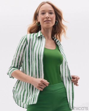 Chico's No Iron Linen Stripe 3/4 Sleeve Shirt Blouses & Shirts Verdant Green | 418-CFOXIE