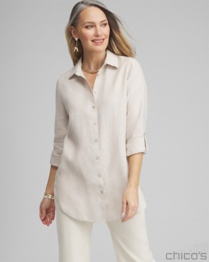 Chico's No Iron Linen Tunic Blouses & Shirts Oatmeal | 925-HQGNBD