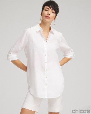 Chico's No Iron Linen Tunic Blouses & Shirts Optic White | 702-YHOWTX