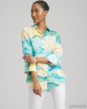 Chico's No Iron Linen Watercolor 3/4 Sleeve Shirt Blouses & Shirts Cool Water | 534-IJDAPY