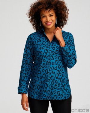 Chico's No Iron Stretch Animal Print Shirt Blouses & Shirts Moonlit Teal | 379-QOWYNU