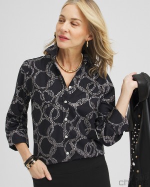 Chico's No Iron Stretch Circle Print Shirt Blouses & Shirts Black | 936-HQMEZN