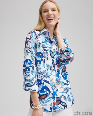 Chico's No Iron Stretch Cool Floral Shirt Blouses & Shirts Intense Azure | 135-NECDSR