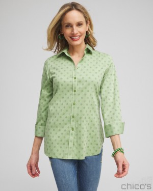 Chico's No Iron Stretch Dot Print 3/4 Sleeve Shirt Blouses & Shirts Verdant Green | 184-EHNBVP