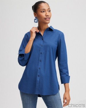 Chico's No Iron Stretch Double CC Shirt Blouses & Shirts Azores Blue | 913-SERKCI