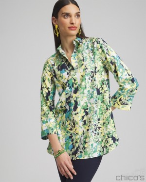 Chico's No Iron Stretch Floral 3/4 Sleeve Tunic Blouses & Shirts Verdant Green | 874-ATXDBE