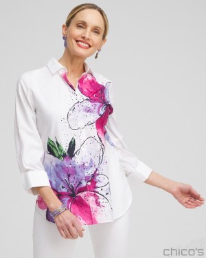 Chico's No Iron Stretch Floral 3/4 Sleeve Shirt Blouses & Shirts Optic White | 318-EWMADJ