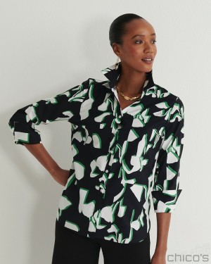 Chico's No Iron Stretch Floral 3/4 Sleeve Shirt Blouses & Shirts Verdant Green | 387-GCMQJE