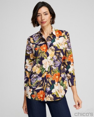 Chico's No Iron Stretch Floral Print Shirt Blouses & Shirts Dewberry | 279-FVLIXT