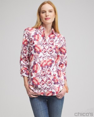 Chico's No Iron Stretch Floral Shirt Blouses & Shirts Optic White | 413-YSQTWO