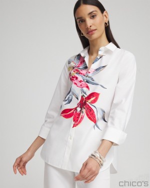 Chico's No Iron Stretch Floral Shirt Blouses & Shirts Optic White | 390-SIPHUD