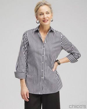 Chico's No Iron Stretch Gingham Shirt Blouses & Shirts Black | 015-BDFUTE